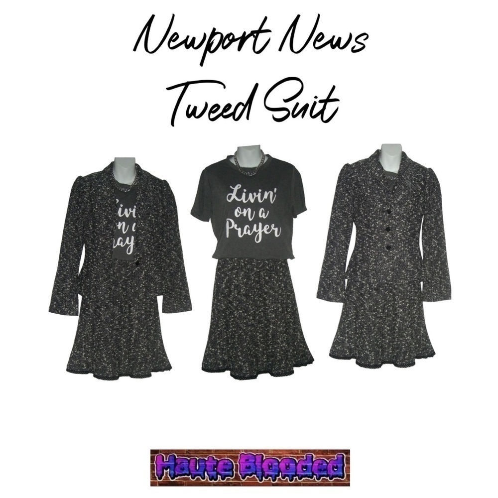 Newport News Tweed Suit Wool Blend Skirt Blazer Streetwear Office Jackie O Work